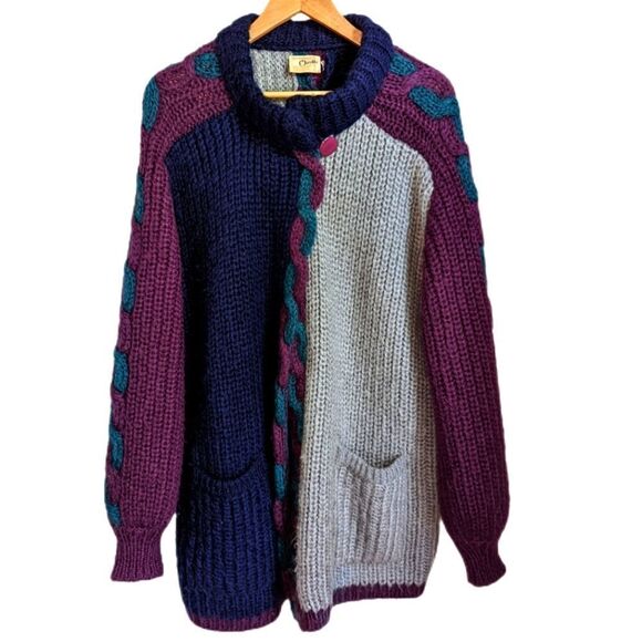 VINTAGE Jewel Tones Wool Open Front Oversized Chunky Cable Knit Cardigan… - Picture 1 of 12